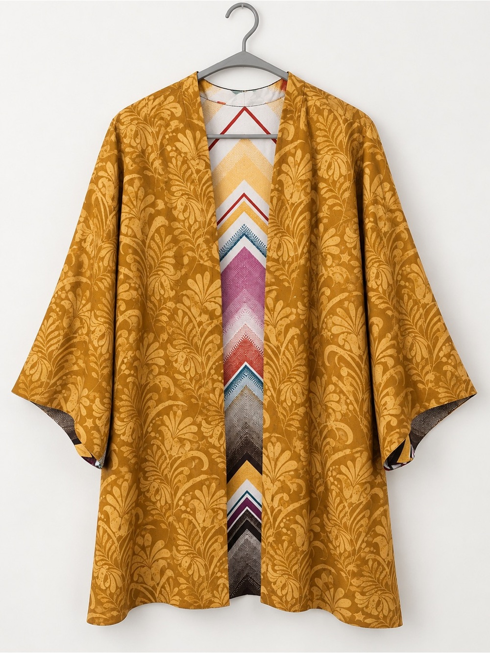 Reversible Boho Chevron Kimono Cardigan One Size Mustard Floral Festival Duster